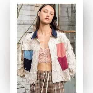 POL Cream and Multicolor Patchwork Bomber Jacket Style Top